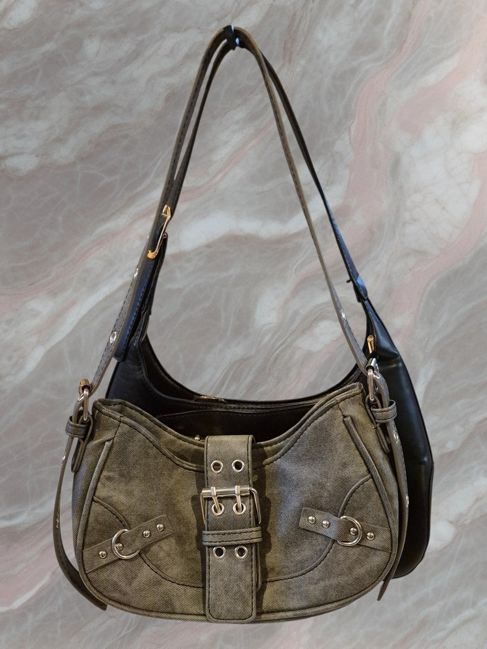 Two Faux Leather Shoulder Bags, Black And Grey with Buckle Detail